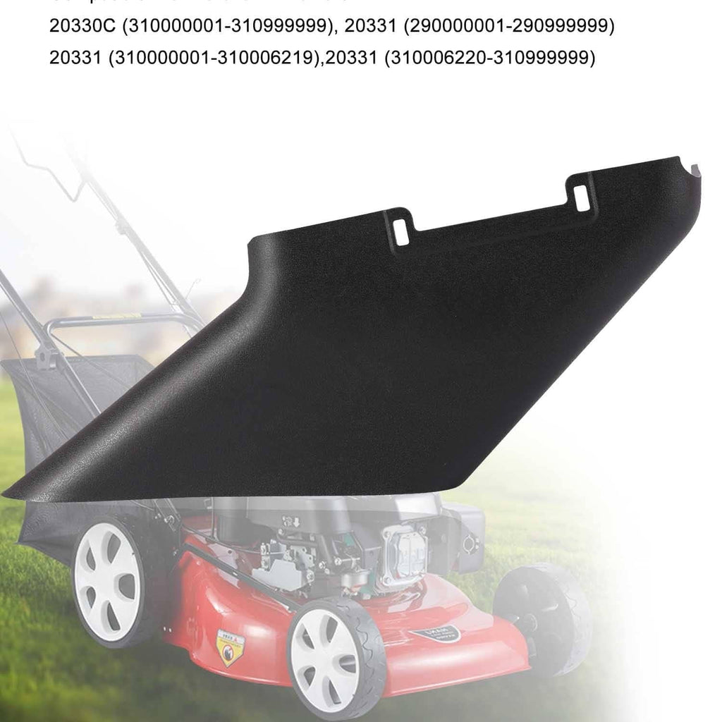Black side discharge chute installed on a lawn mower body