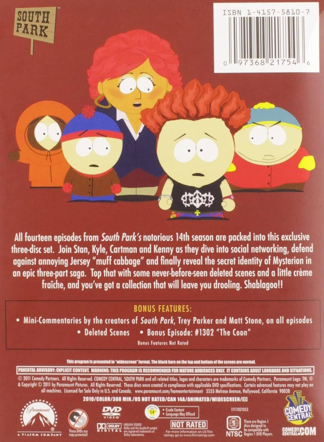 South Park Season 14 DVD back cover with character art, episode text, and ratings
