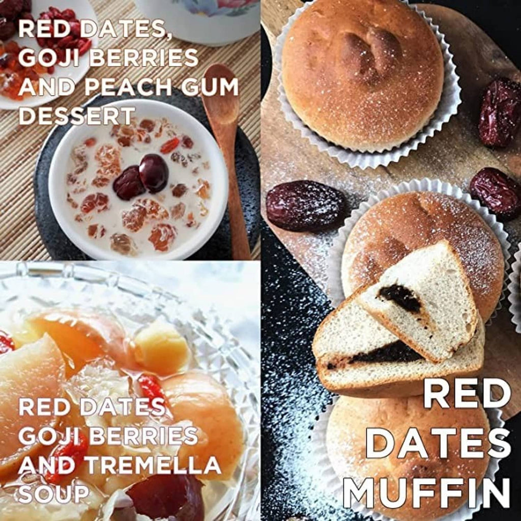 Red dates in desserts: fruit mixture bowls and muffin pieces