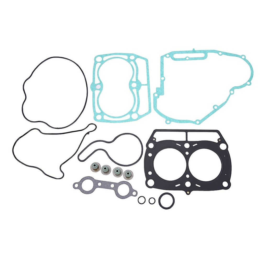 Engine gasket set kit laid out: black cylinder gasket, blue gaskets, seal rings, and fasteners