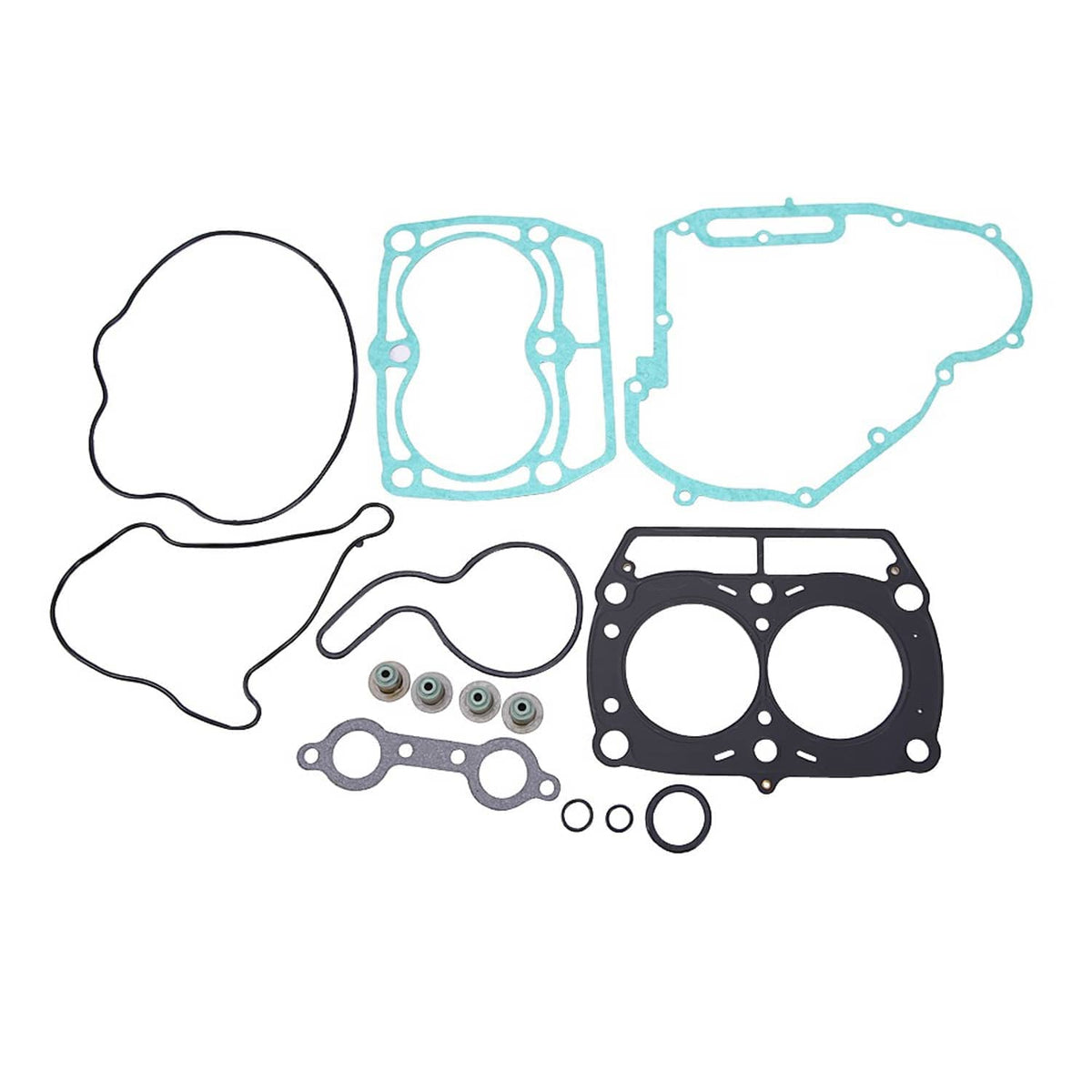 Engine gasket set kit laid out: black cylinder gasket, blue gaskets, seal rings, and fasteners