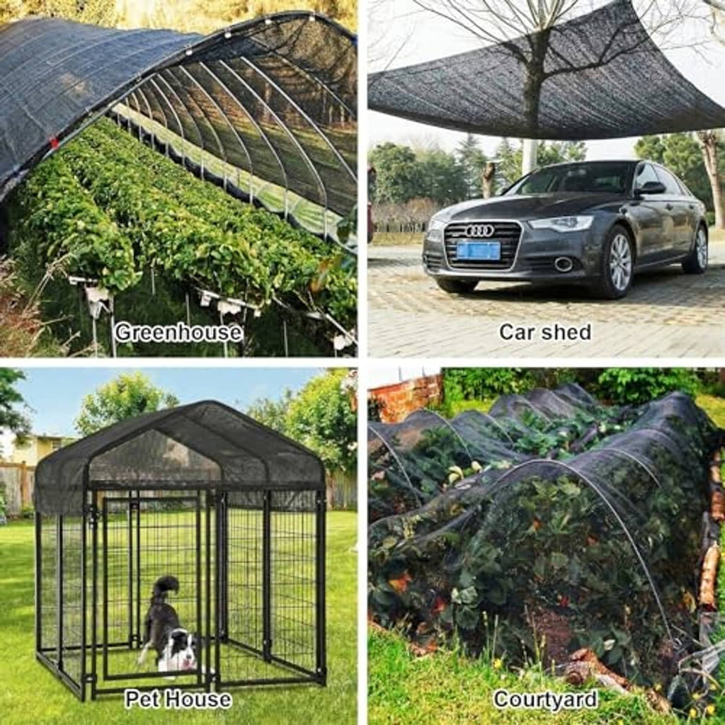 Dark gray shade cloth panels shown covering greenhouse, car shed, pet house, and yard