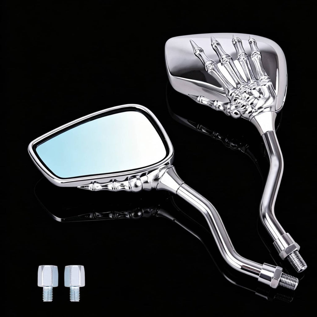 Chrome skull-hand rearview mirror with mounting stem and hardware