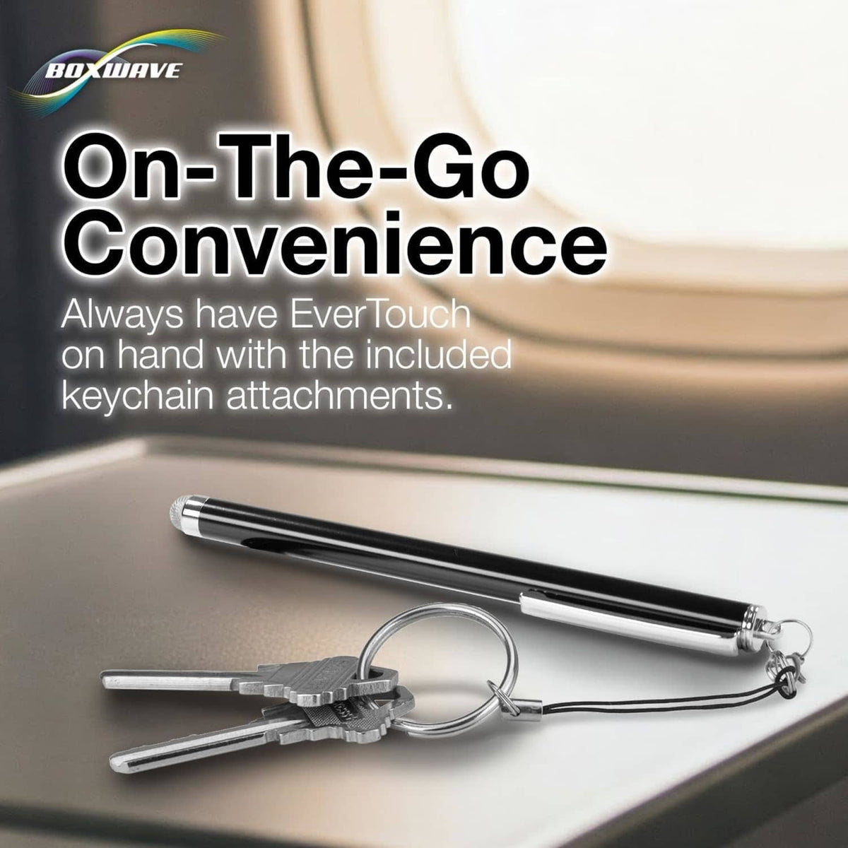 Jet-black capacitive stylus with keychain clip and included lanyard cords