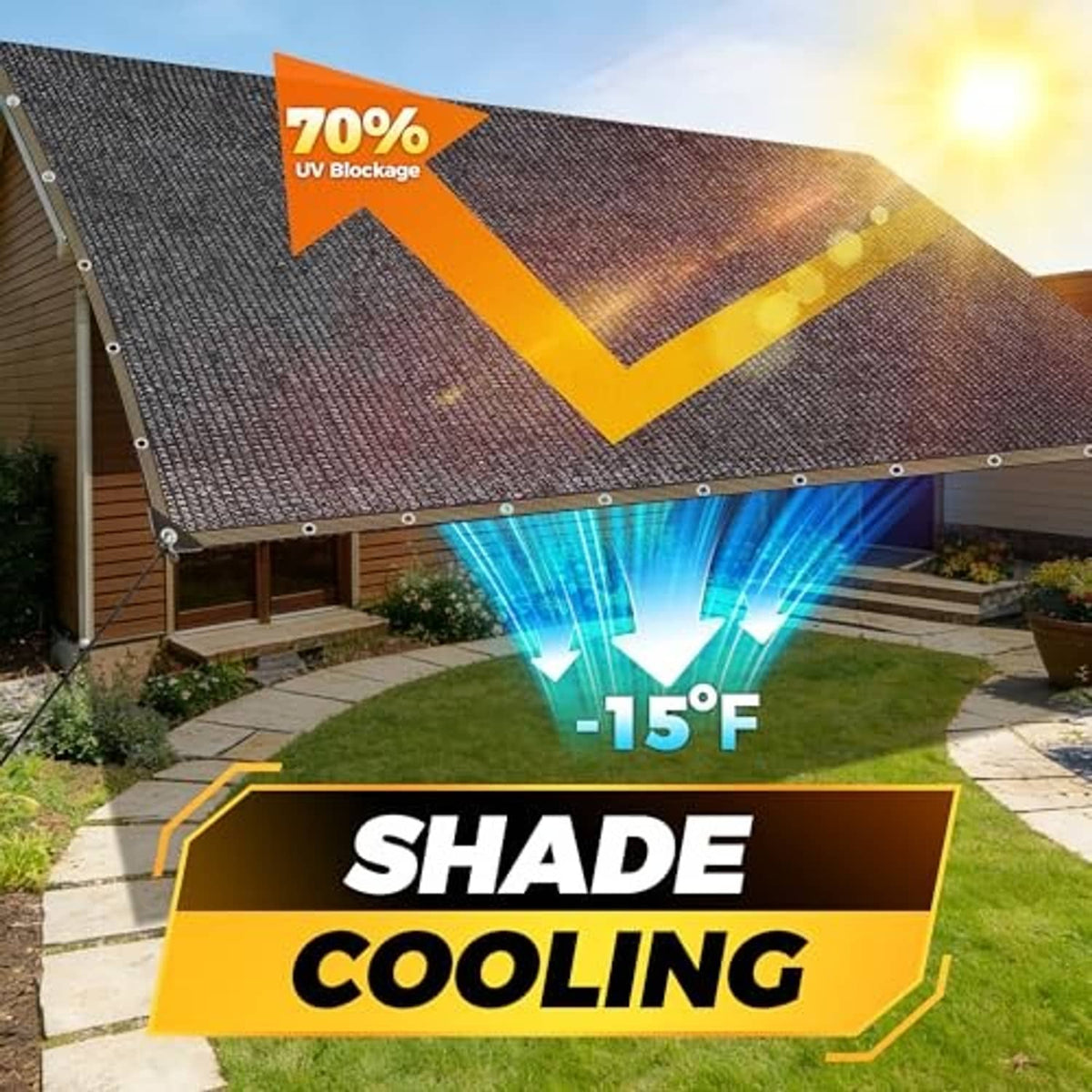 Dark mesh sun shade cloth canopy with grommet edges for outdoor cooling and sun blocking