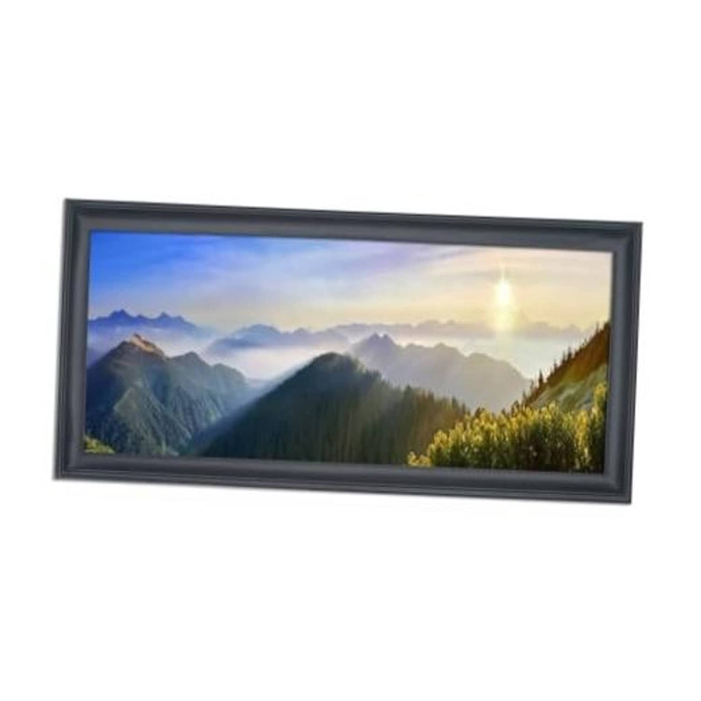 Black panoramic solid wood picture frame displaying a landscape photo