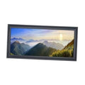 Black panoramic solid wood picture frame displaying a landscape photo
