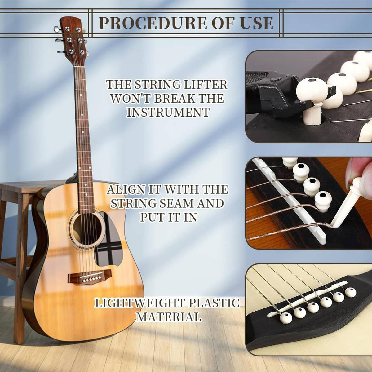 Acoustic guitar with white bridge pins on a string lifter tool