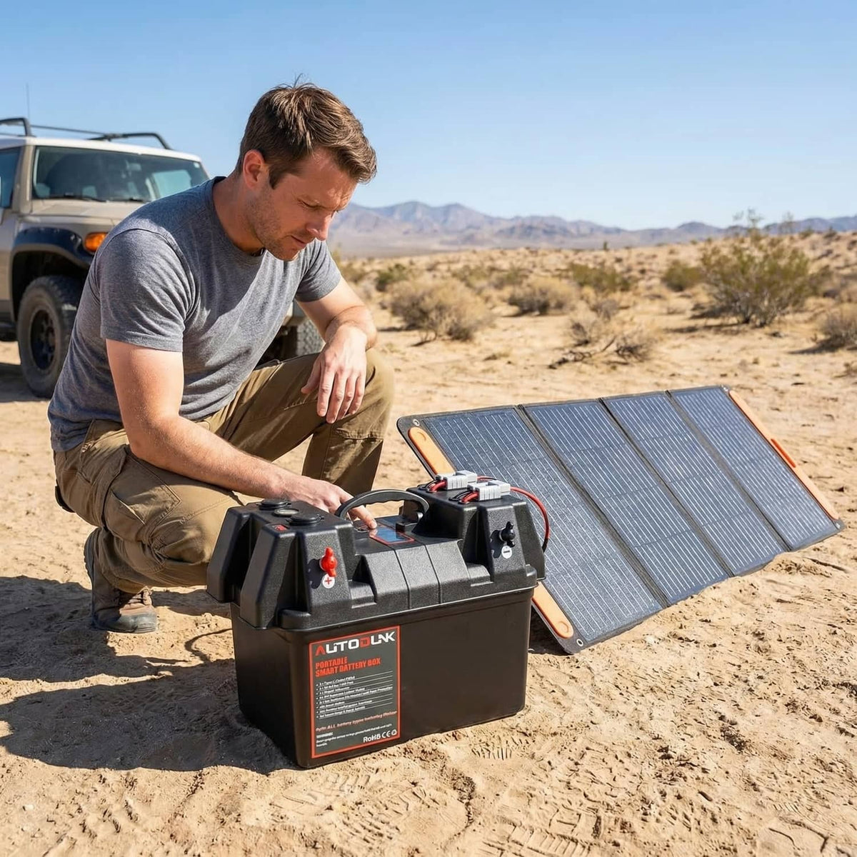 Portable battery power box on sand with open terminals and connected charging cables