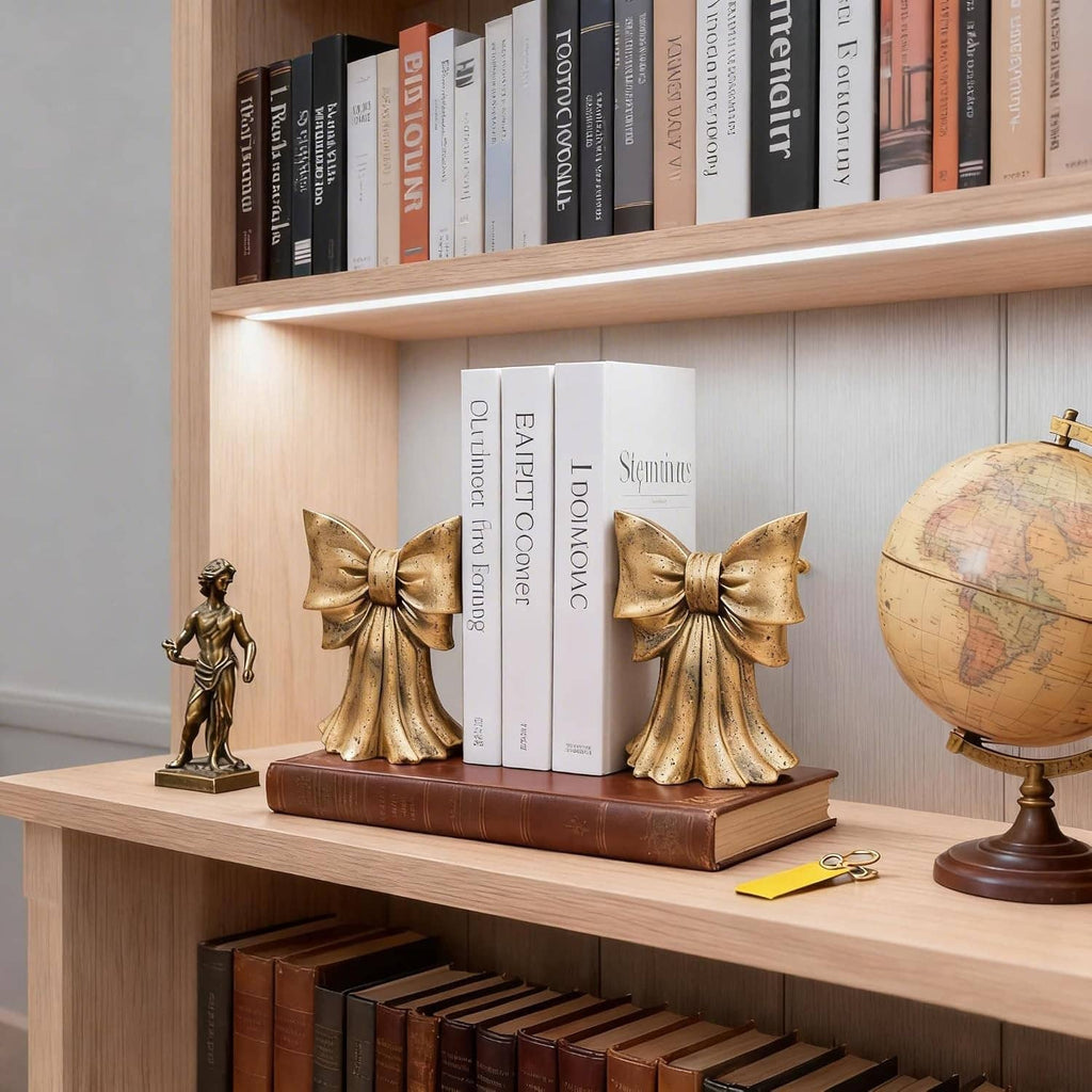 Vintage gold bow bookends set of 2 with textured metal bow details