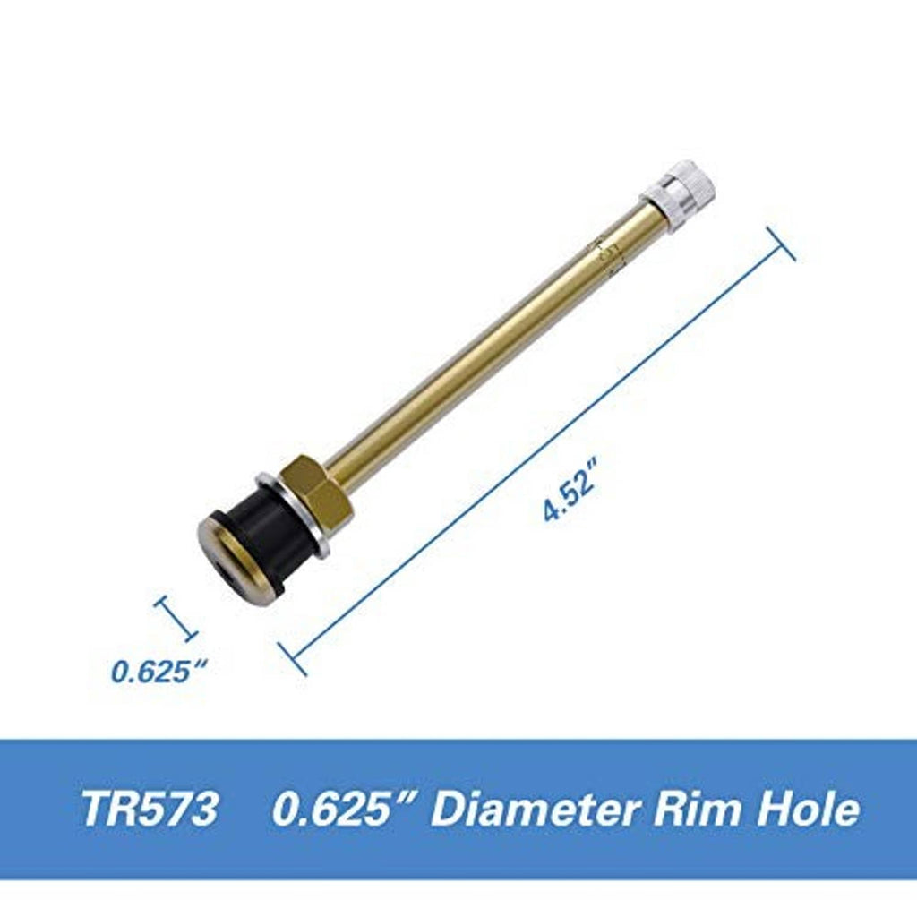 Brass tire valve stem with black rubber seal and chrome threaded cap, size guide shown