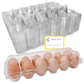 Clear plastic egg carton with labeled sticker and plastic eggs