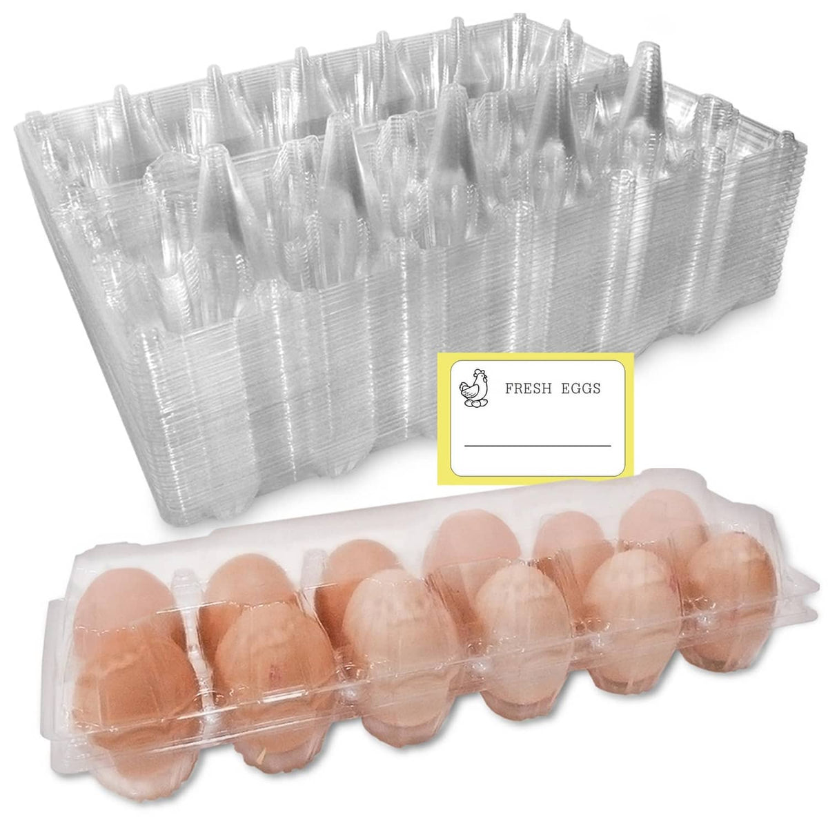 Clear plastic egg carton with labeled sticker and plastic eggs