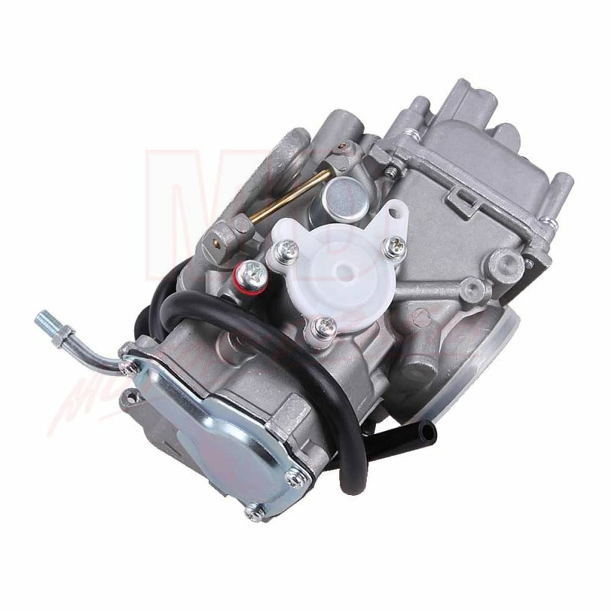 ATV quad carburetor assembly with gray metal housing and throttle linkage