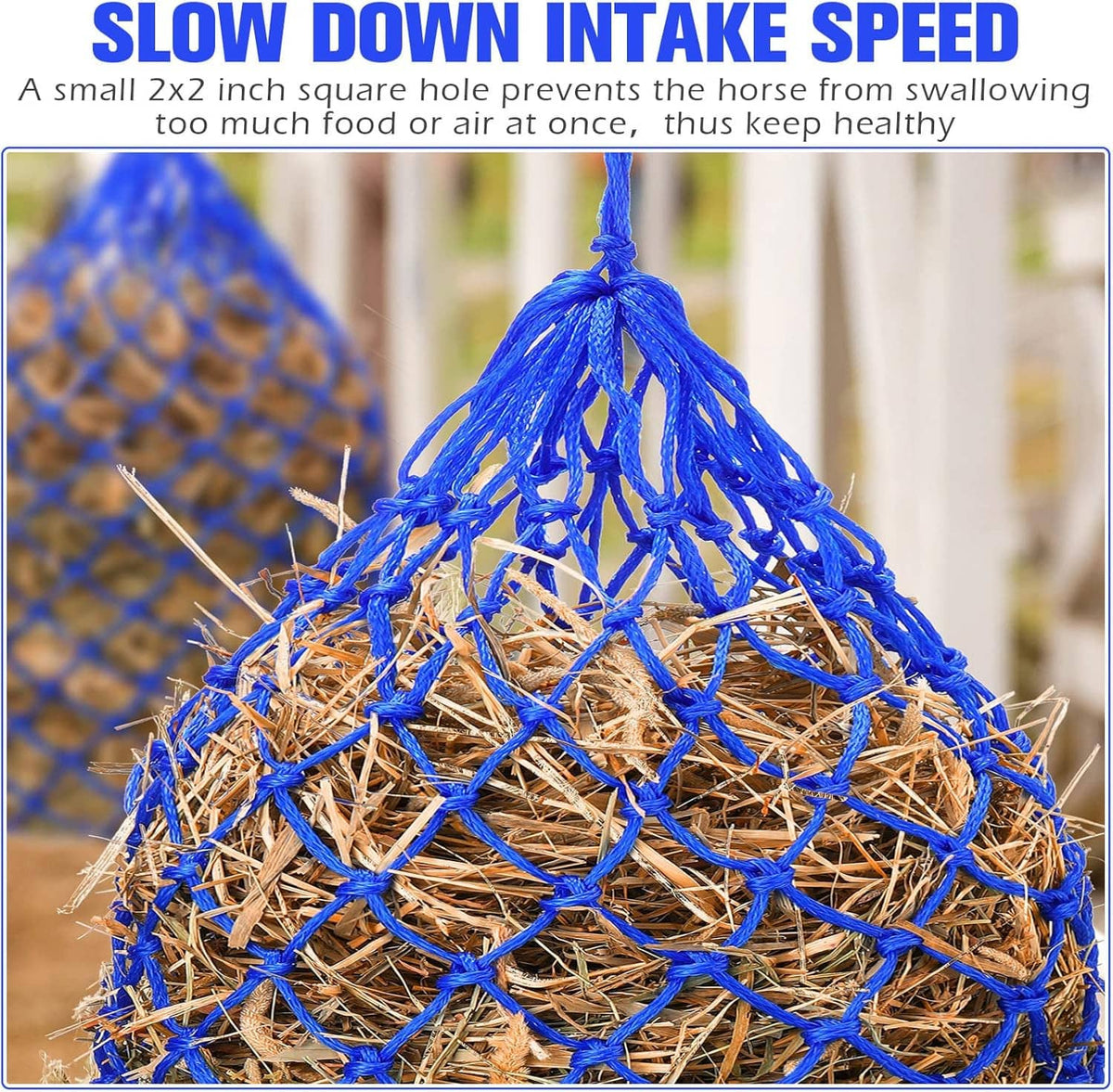 Blue mesh slow feeder hay net bag filled with hay