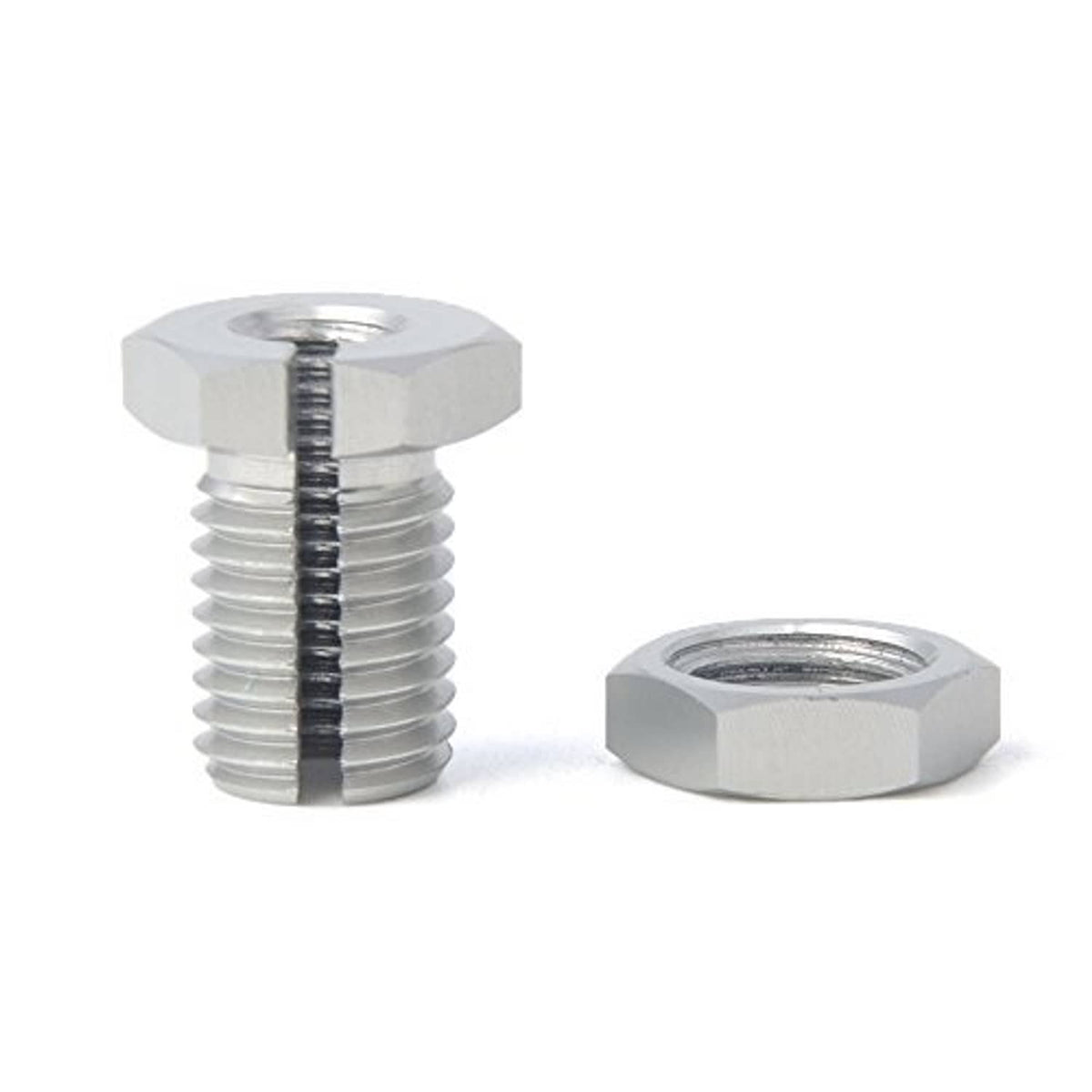 Metal threaded adapter fitting pair with hex nuts and internal threads, silver