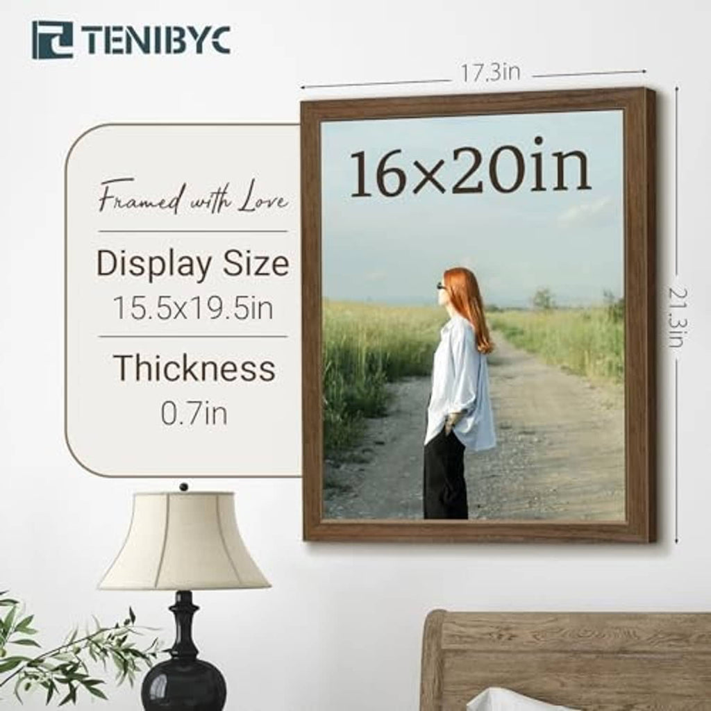Brown woodgrain 16x20 picture frame showing front view with size guide overlay