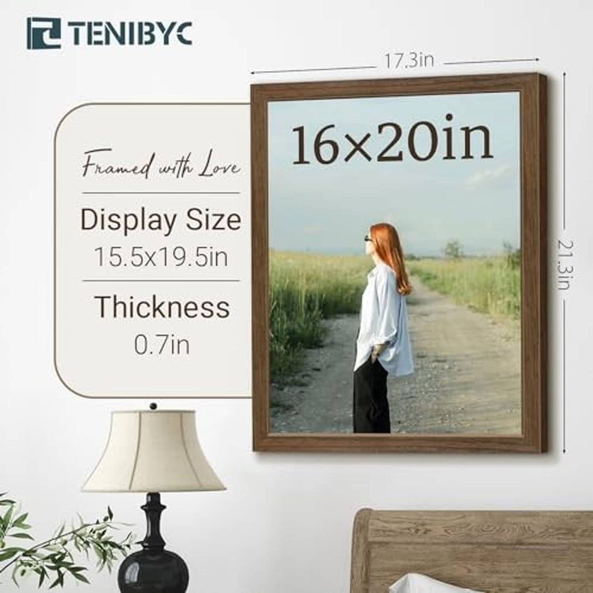Brown woodgrain 16x20 picture frame showing front view with size guide overlay