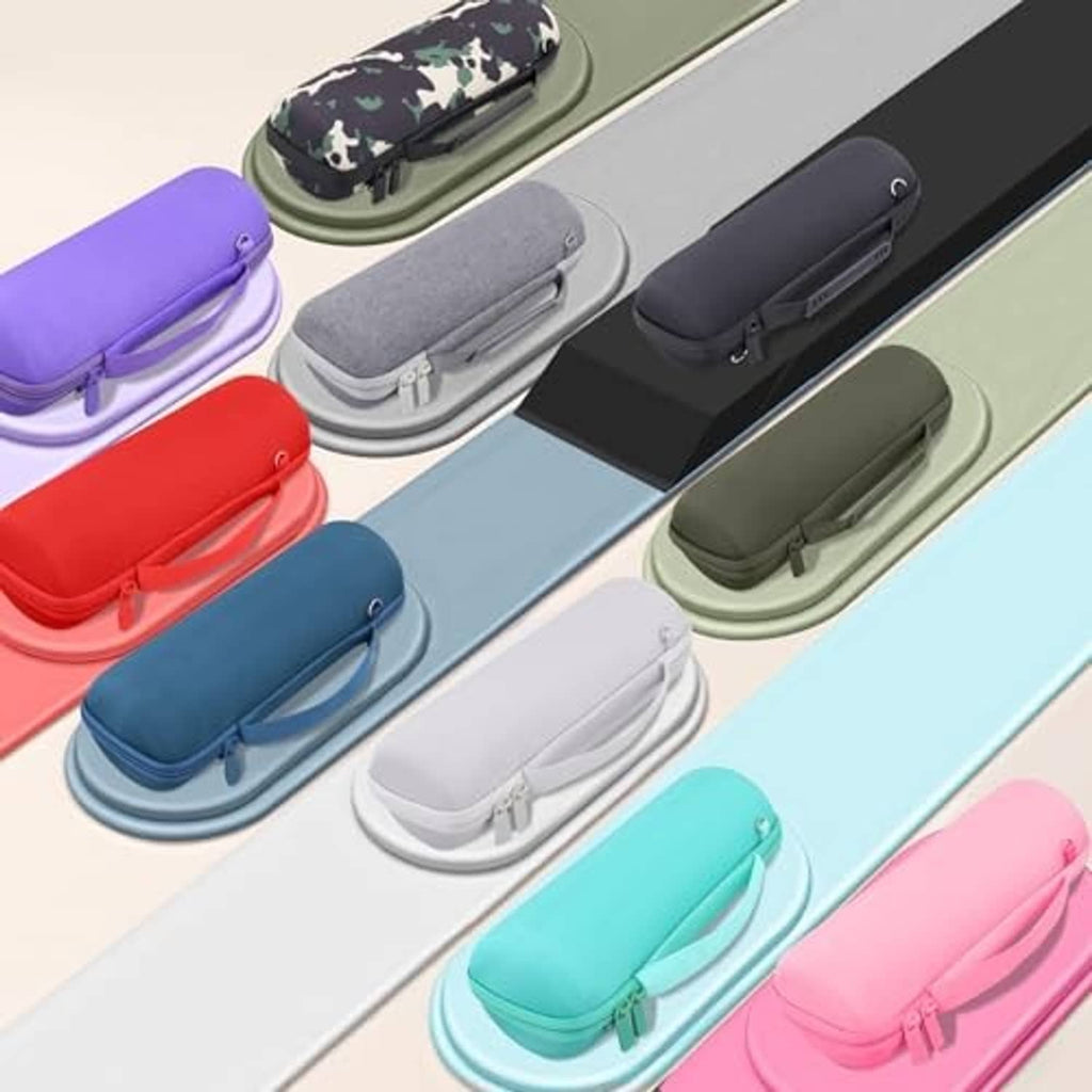 Protective speaker cases with zippers in multiple colors, including green, gray, and blue