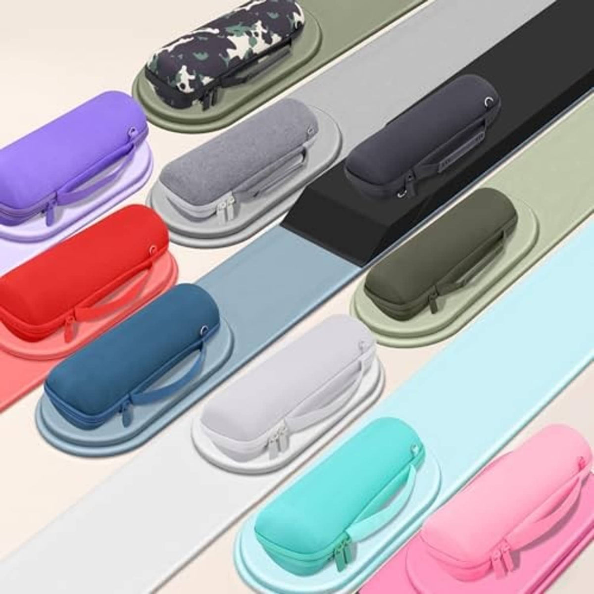 Protective speaker cases with zippers in multiple colors, including green, gray, and blue