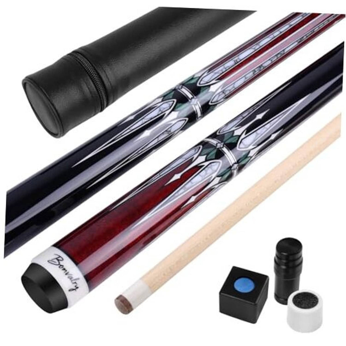 Pool cue with red striped maple shaft, black leather grip, and included accessories like chalk and cap
