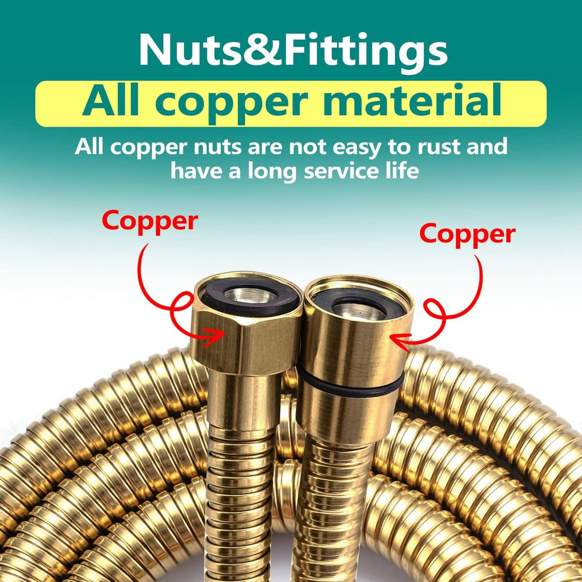 Gold shower hose with copper-style nuts and two reinforced connector ends