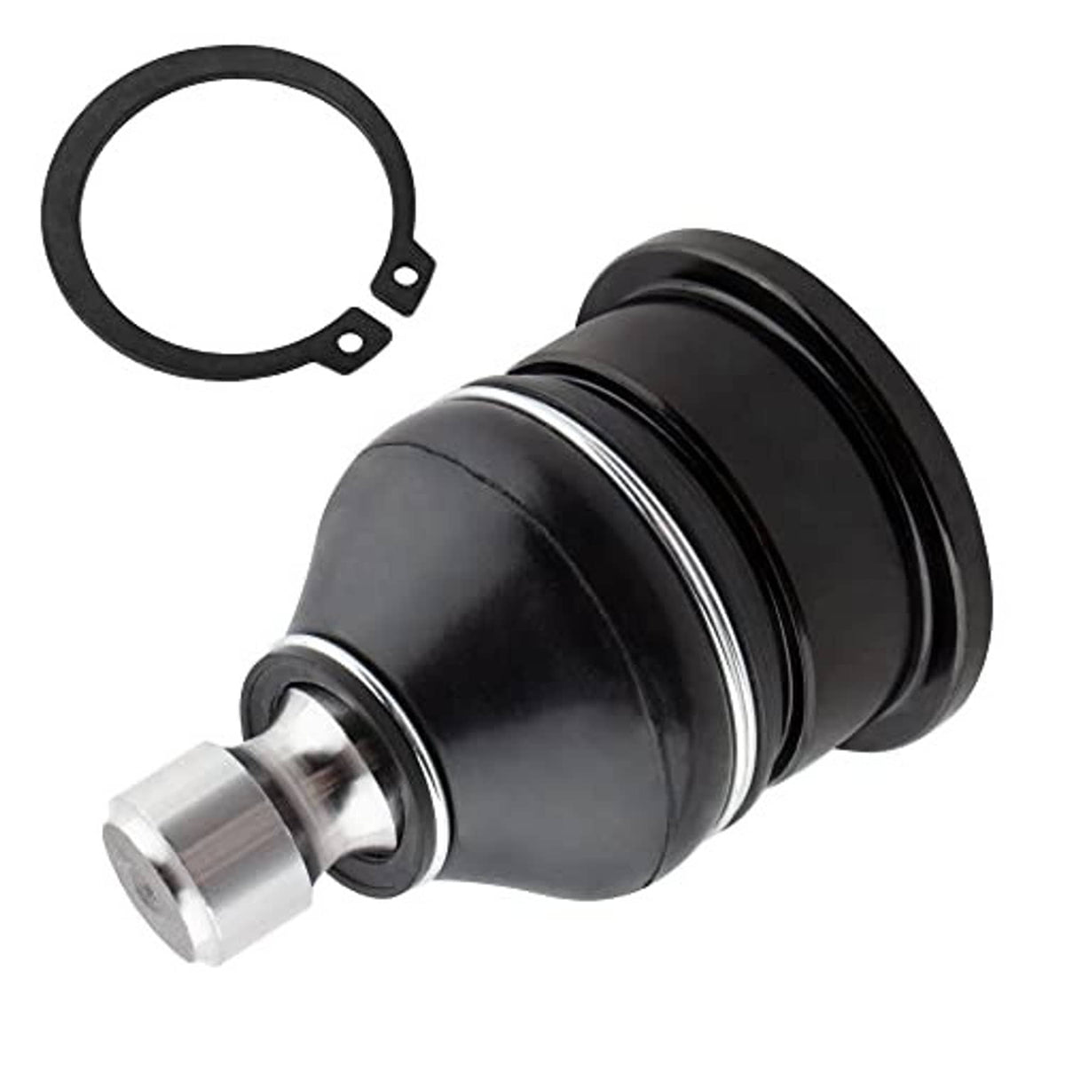 Front upper ball joint assembly, black boot with silver stud, plus circular retaining ring