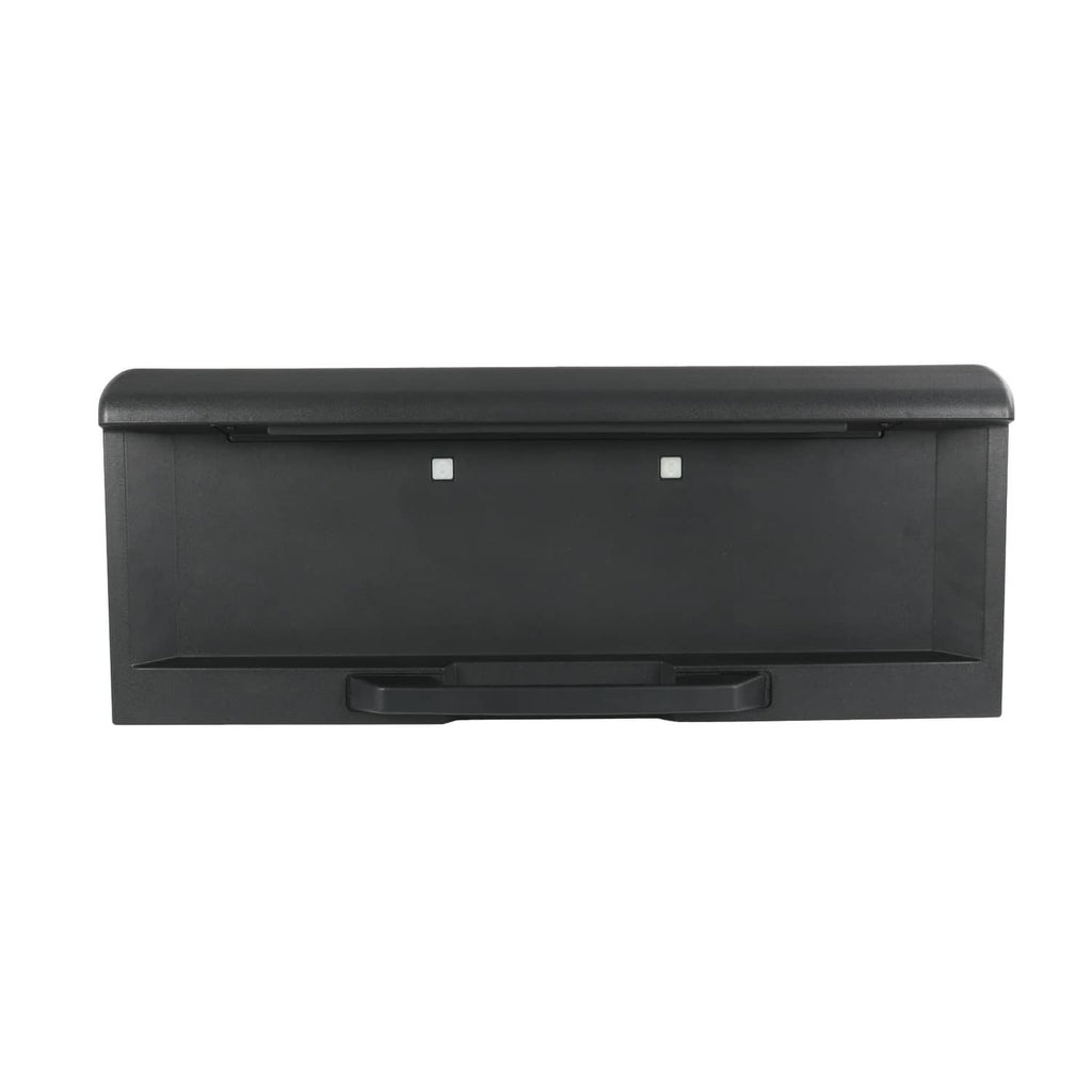 Front view of rear tailgate license pocket with central pull handle, black plastic