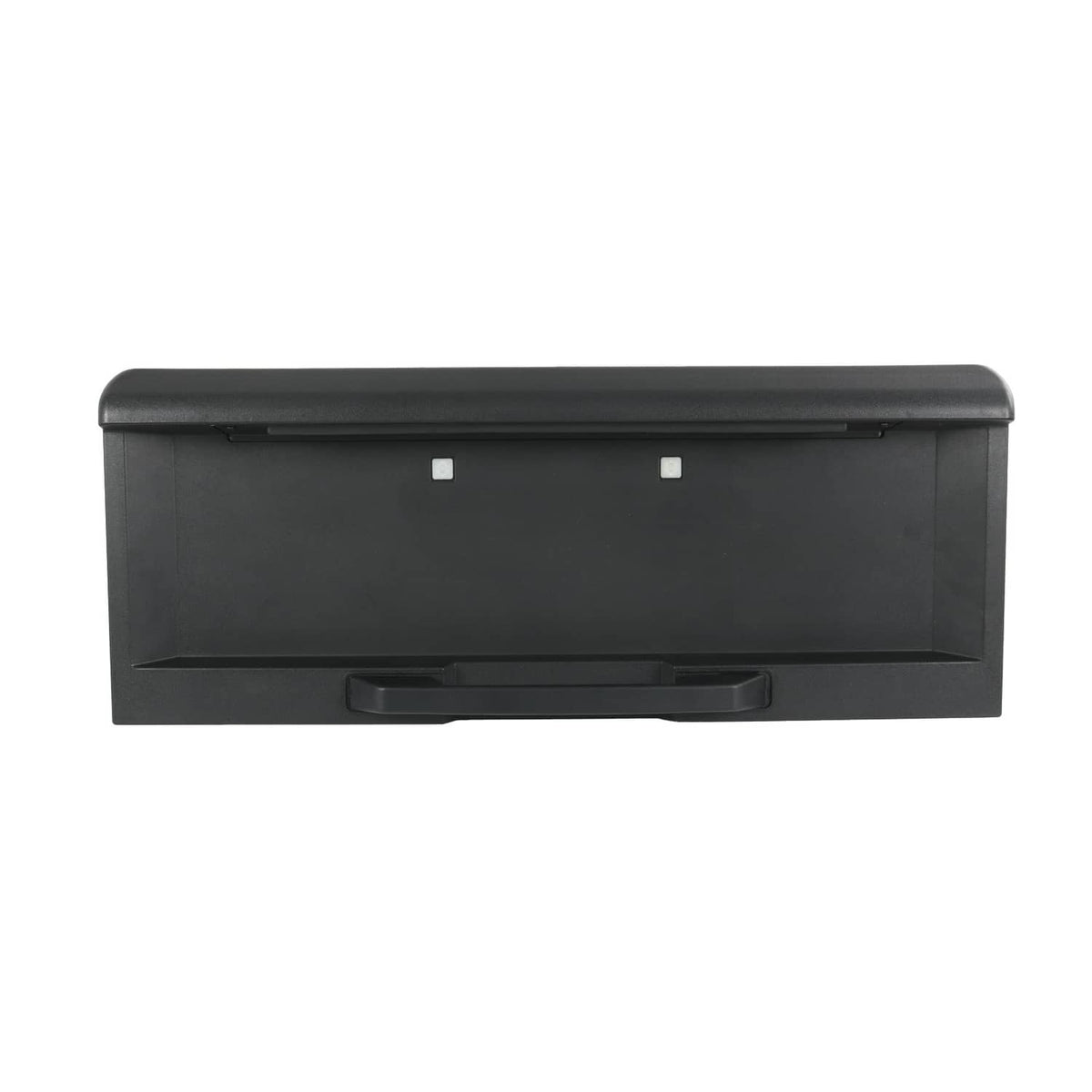 Front view of rear tailgate license pocket with central pull handle, black plastic
