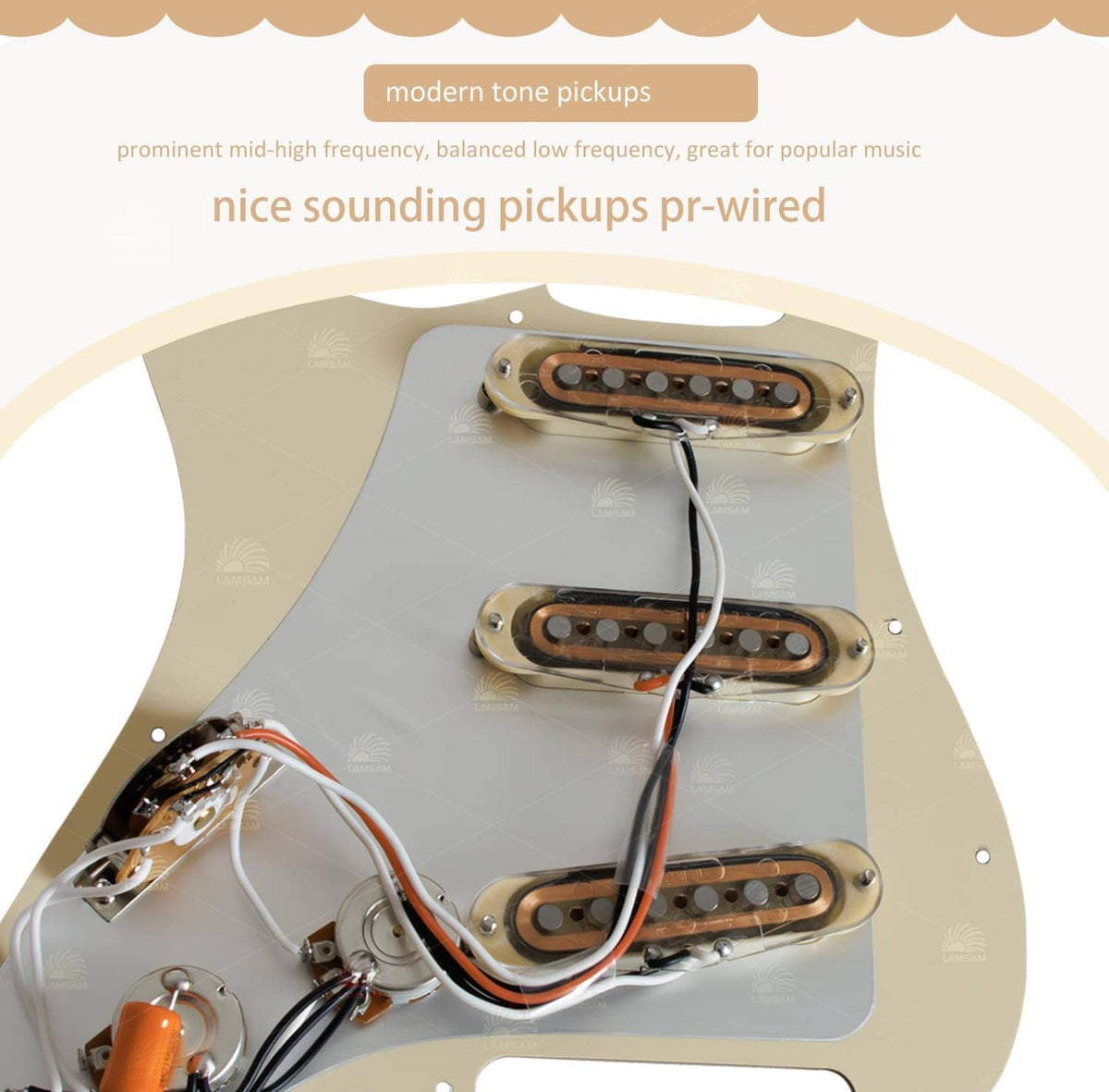 Cream prewired pickup board with three installed single-coil pickups and wiring leads