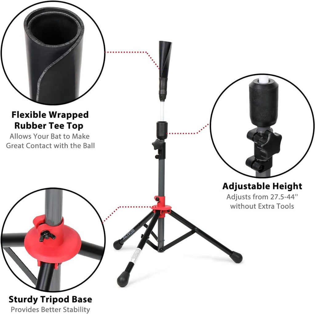 Adjustable height batting tee with flexible rubber wrapped top and sturdy tripod base
