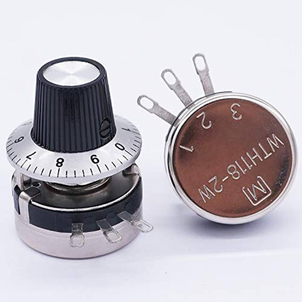 Rotary potentiometer with black knob, silver case, and numbered dial markings