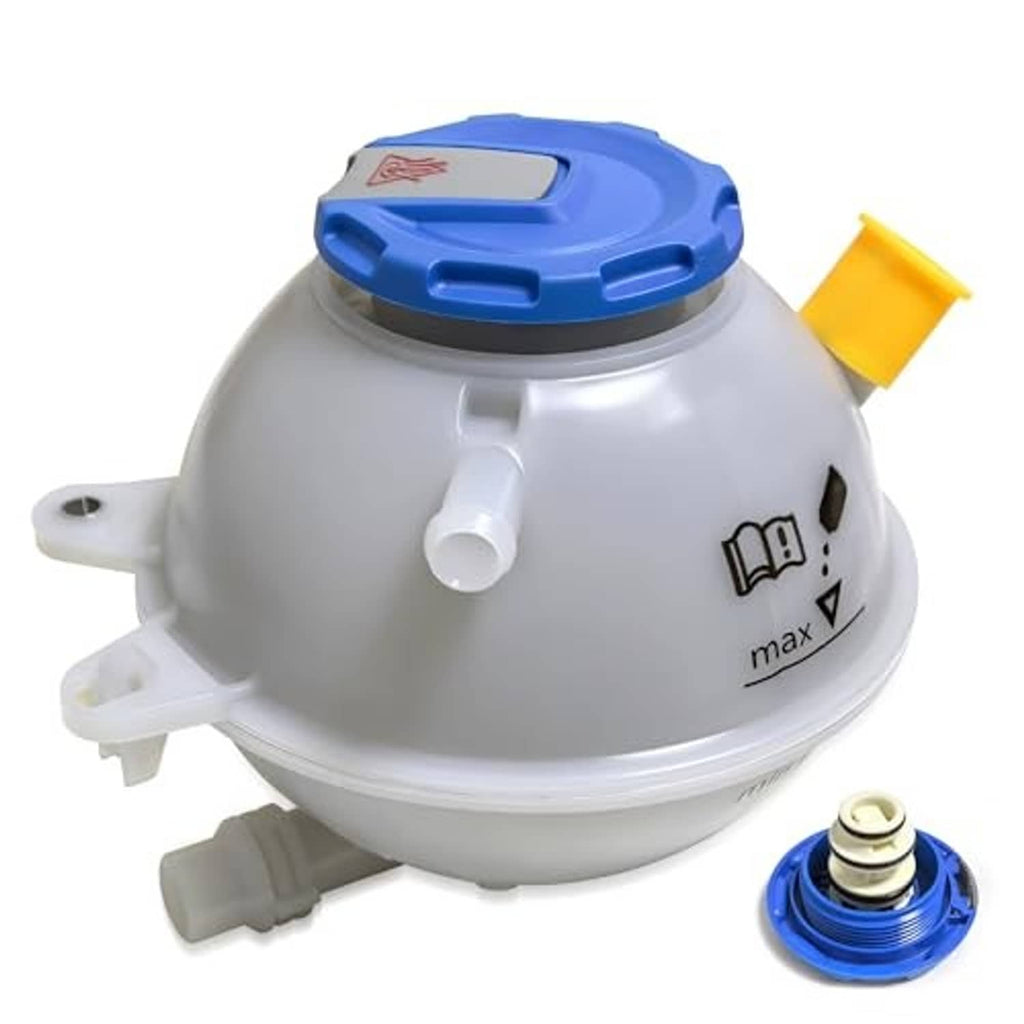 Engine coolant overflow reservoir tank with blue cap, yellow outlet, and separate blue insert.