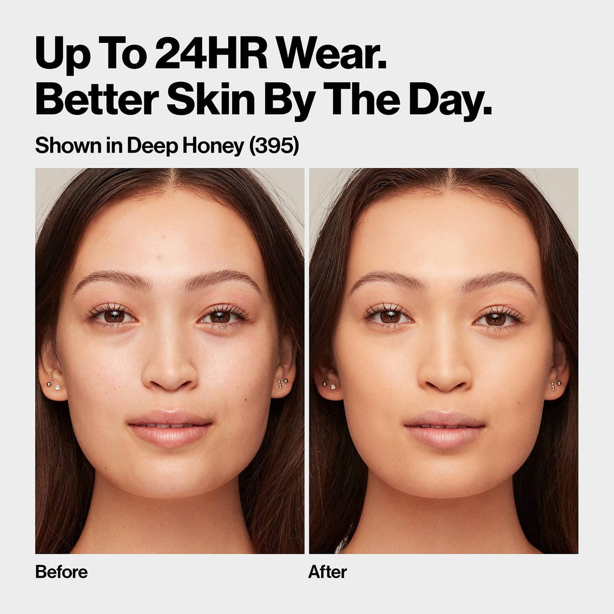 Person wearing liquid foundation, smooth complexion shown side by side