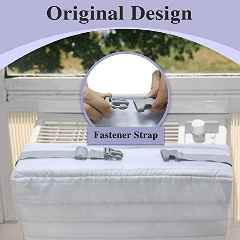 Window AC cover with fastener straps to secure the padded white fit