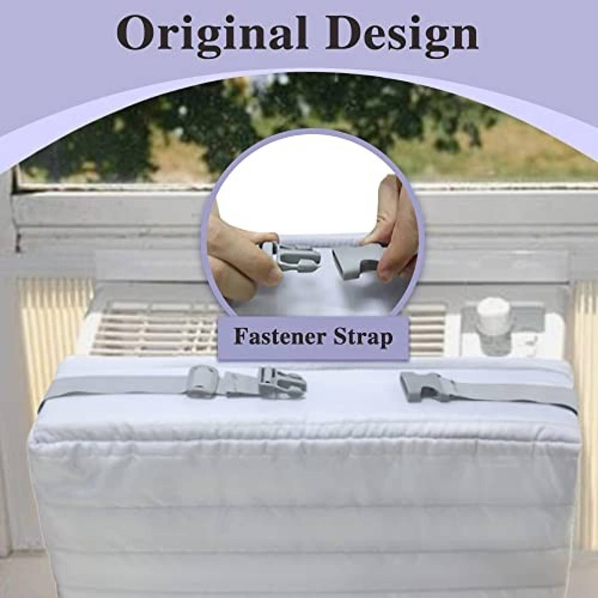 Window AC cover with fastener straps to secure the padded white fit