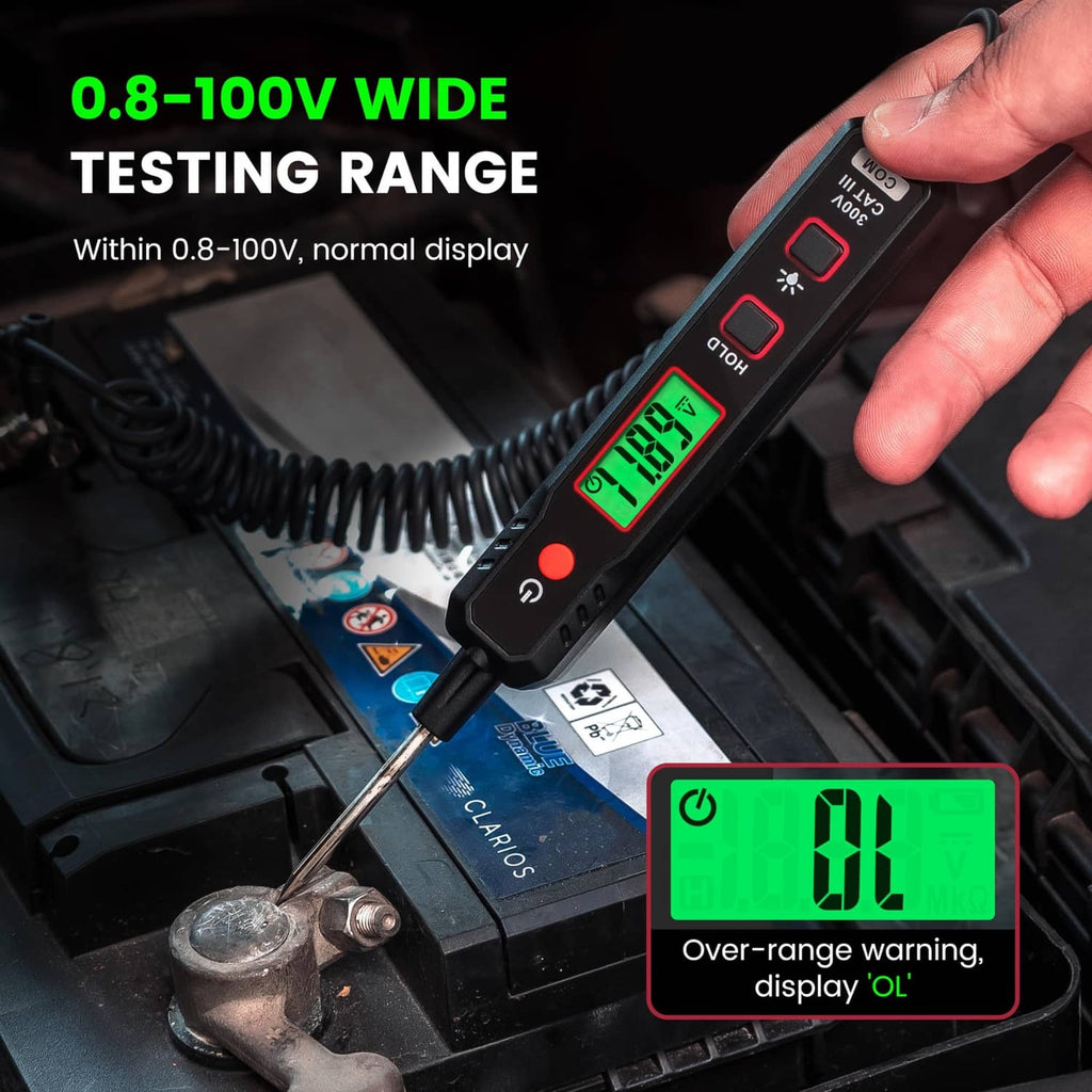Automotive test light showing green 0.8–100V range on LCD in engine bay