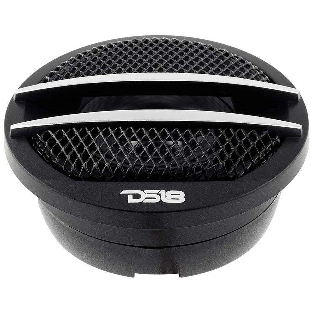 DS18 tweeter close-up with black mesh grille, silver stripe, and DS18 logo
