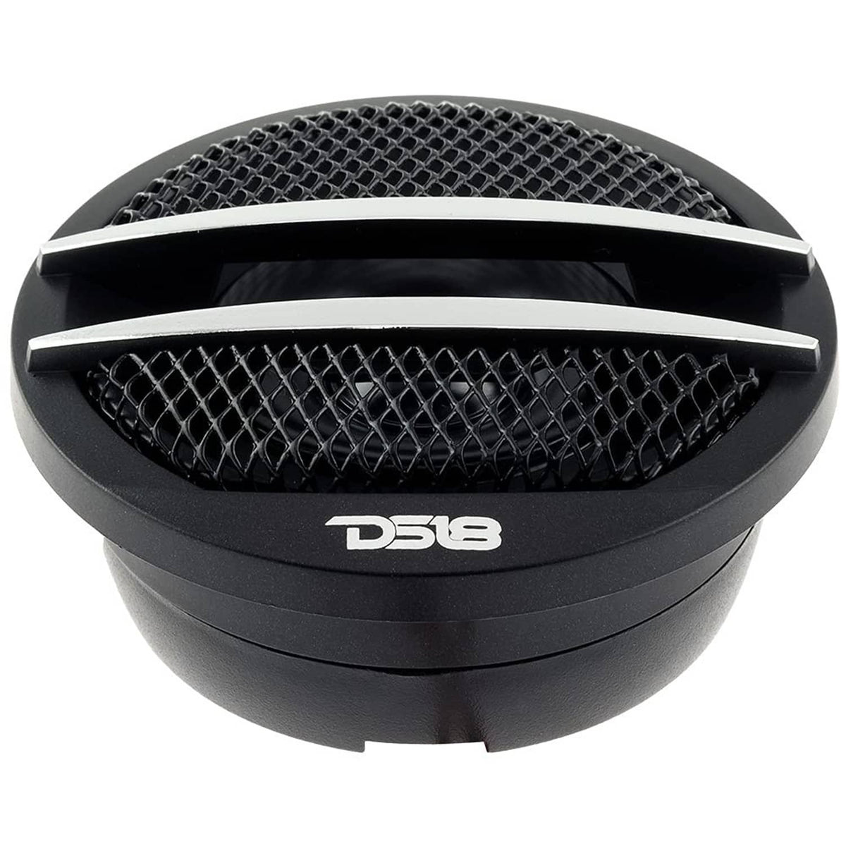 DS18 tweeter close-up with black mesh grille, silver stripe, and DS18 logo