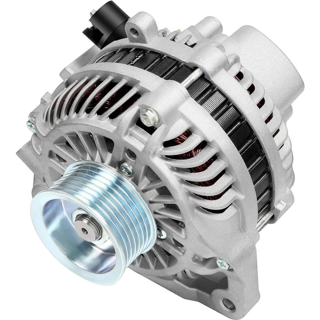 12V 95A alternator with silver pulley and vented housing, angled view