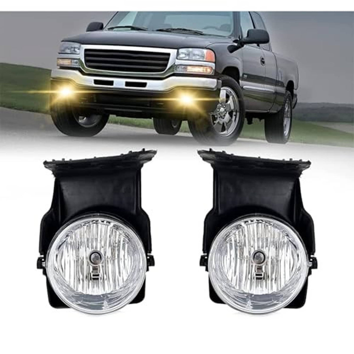 Front pair of round fog lights with black trim and clear glass lenses