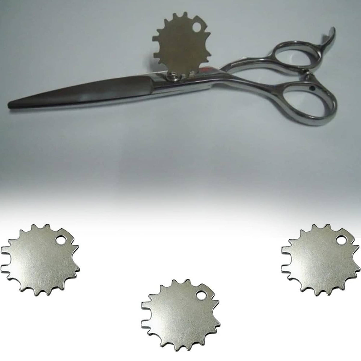 Silver scissors with small silver tension adjuster key discs shown nearby
