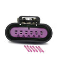 6-pin connector with purple insert and black housing, terminal openings on front