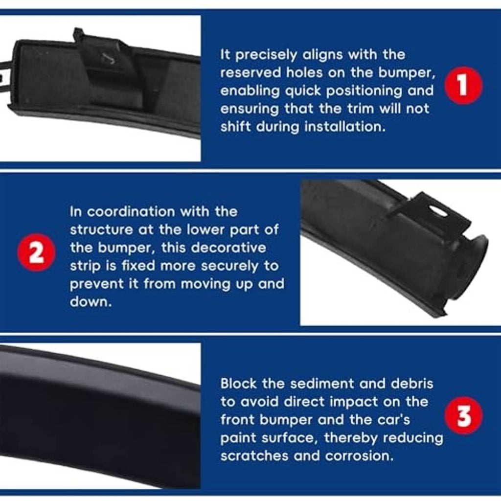 Black bumper filler trim showing snap connectors and side mounting tabs