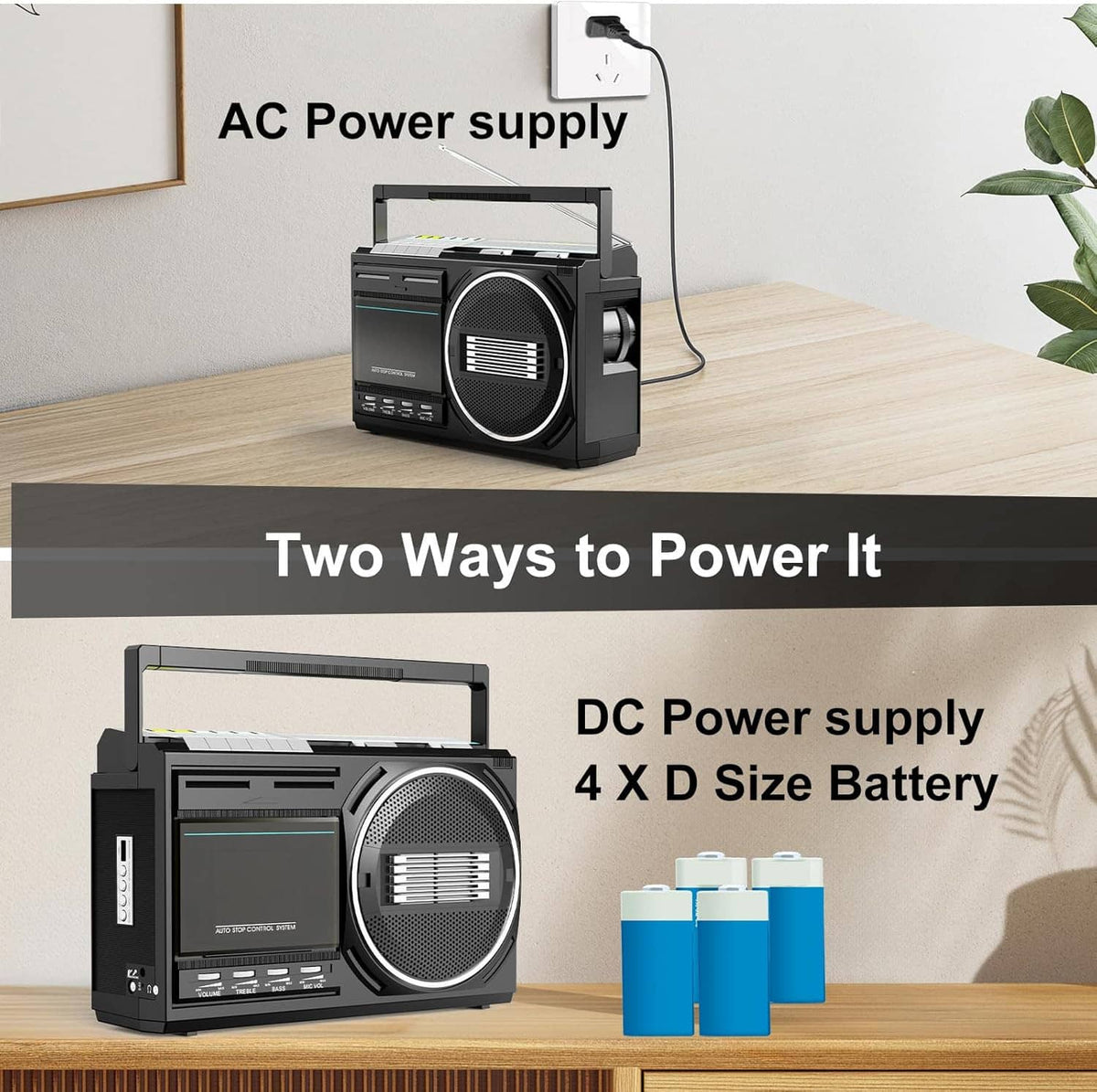 Black cassette boombox on table with front speaker grille and power switch controls