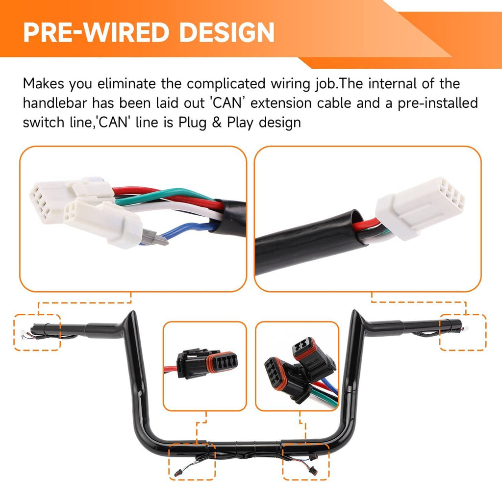 Pre-wired handlebar diagram showing connector wiring layout and CAN-style plugs