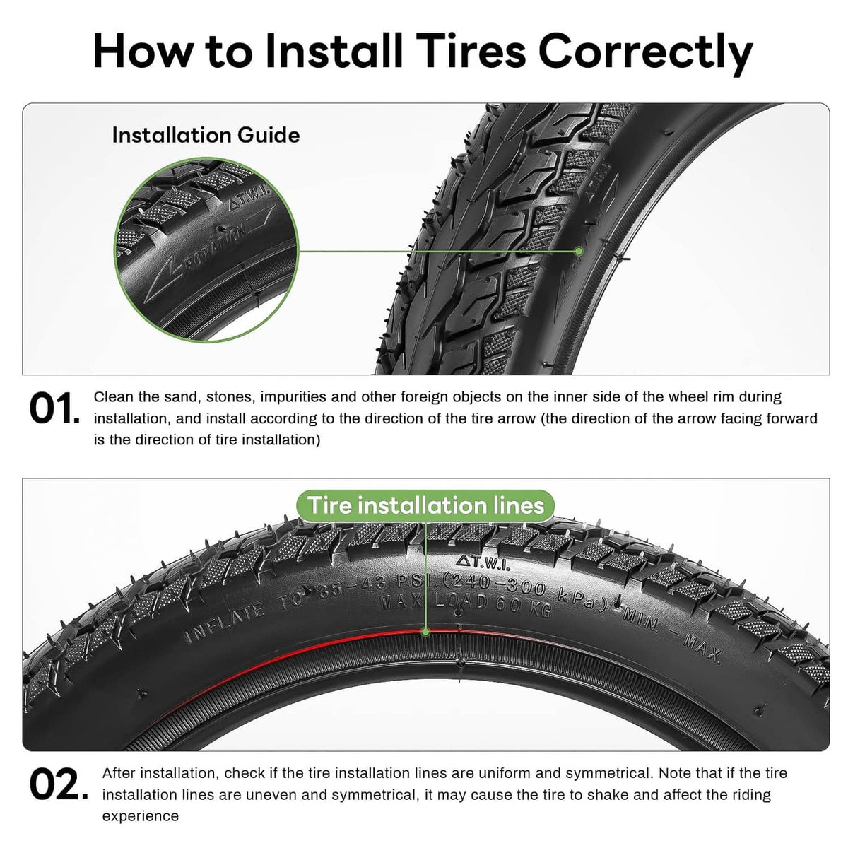 Black tire sidewall with highlighted installation lines for correct fitting.