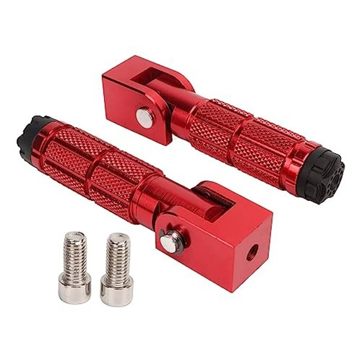 Red foldable motorcycle foot pegs with textured grip, black rubber end caps, mounting bolts