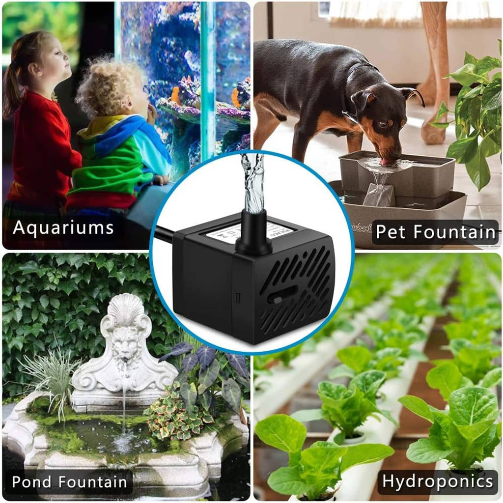 Black mini submersible water pump with water outlet and clear tubing