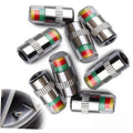 Set of car tire valve stem caps, silver metal with multicolor indicator bands